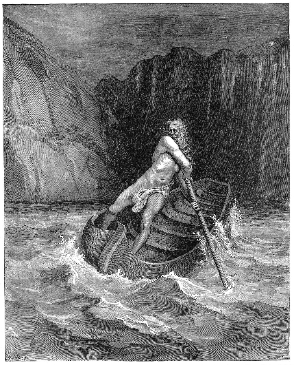 Fergemannen Charon ror for å samle Dante og Virgil, for å bære dem over Styx, 1861 av Gustave Dore