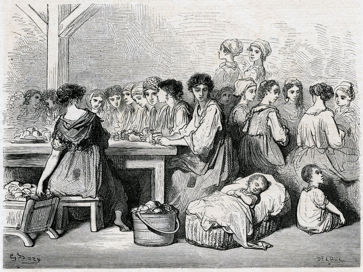 Sigarrera fra Sevilla. Produksjon av sigarer, arbeidere, tobakk. Tegning av Gustave Dore som illustrerer «Voyage en Espagne» av Charles Davillier av Gustave Dore