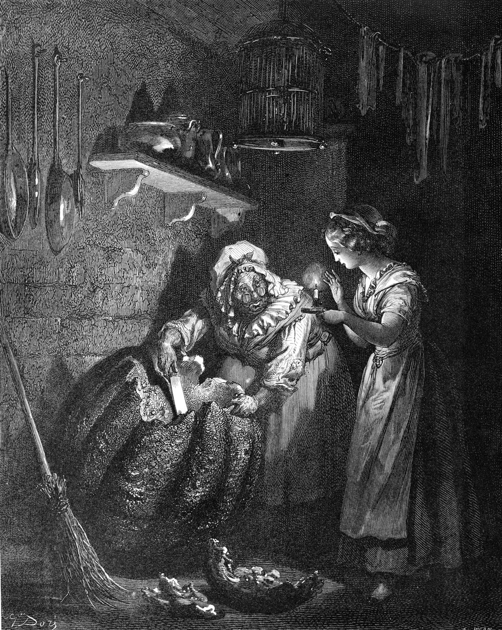 Askepott: Fe-gudmor som skjærer ut gresskaret. av Gustave Dore