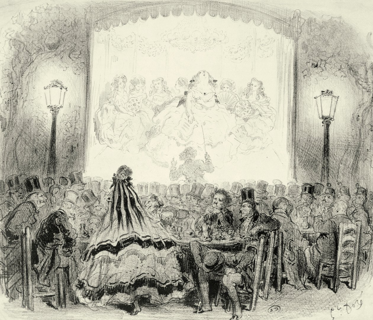 Kaffekonsertsal i Frankrike, av Paul Gustave Dore' (1832-1883), ca 1865, gravering. av Gustave Dore