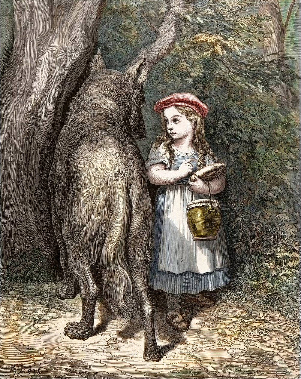 Når den krysser skogen, møter den lille rødhetten ulven. Gravering av Gustave Dore (1832-1883) fra "The Tales" av Charles Perrault (1628-1703) av Gustave Dore
