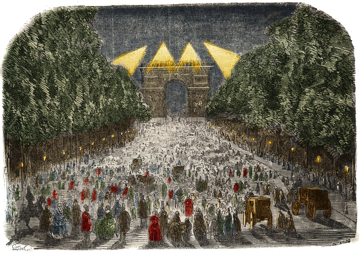 Folkemengder som beundrer den elektriske belysningen av Triumfbuen og Champs Elysees (Champs-Elysees) i Paris 26. og 27. oktober av Gustave Dore