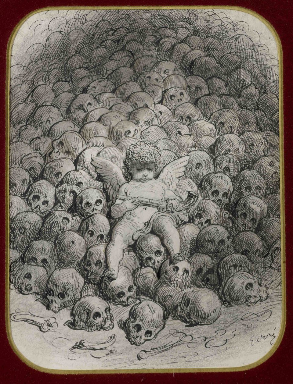 ""Amor bevæpnet med en pistol som sitter på et fjell av hodeskaller"" (Amor med en pistol på toppen av et skallefjell) Blekk og tegning av Gustave Dore (1832-1883) Privat samling av Gustave Dore