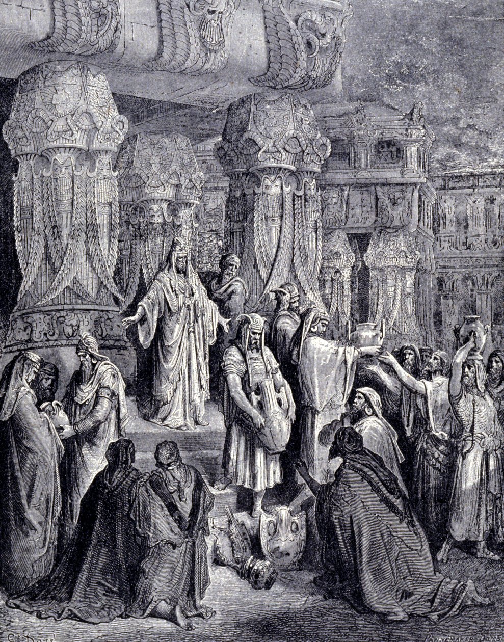 Kyros II den store (580 f.Kr. - 530 f.Kr.) frigjorde de fangede folkene ved hans ankomst til Babylon i 539 f.Kr. og returnerte til det jødiske folk de hellige karene som var blitt tatt som bytte i Jerusalems tempel. Gravering av Gustave Doré. av Gustave Dore
