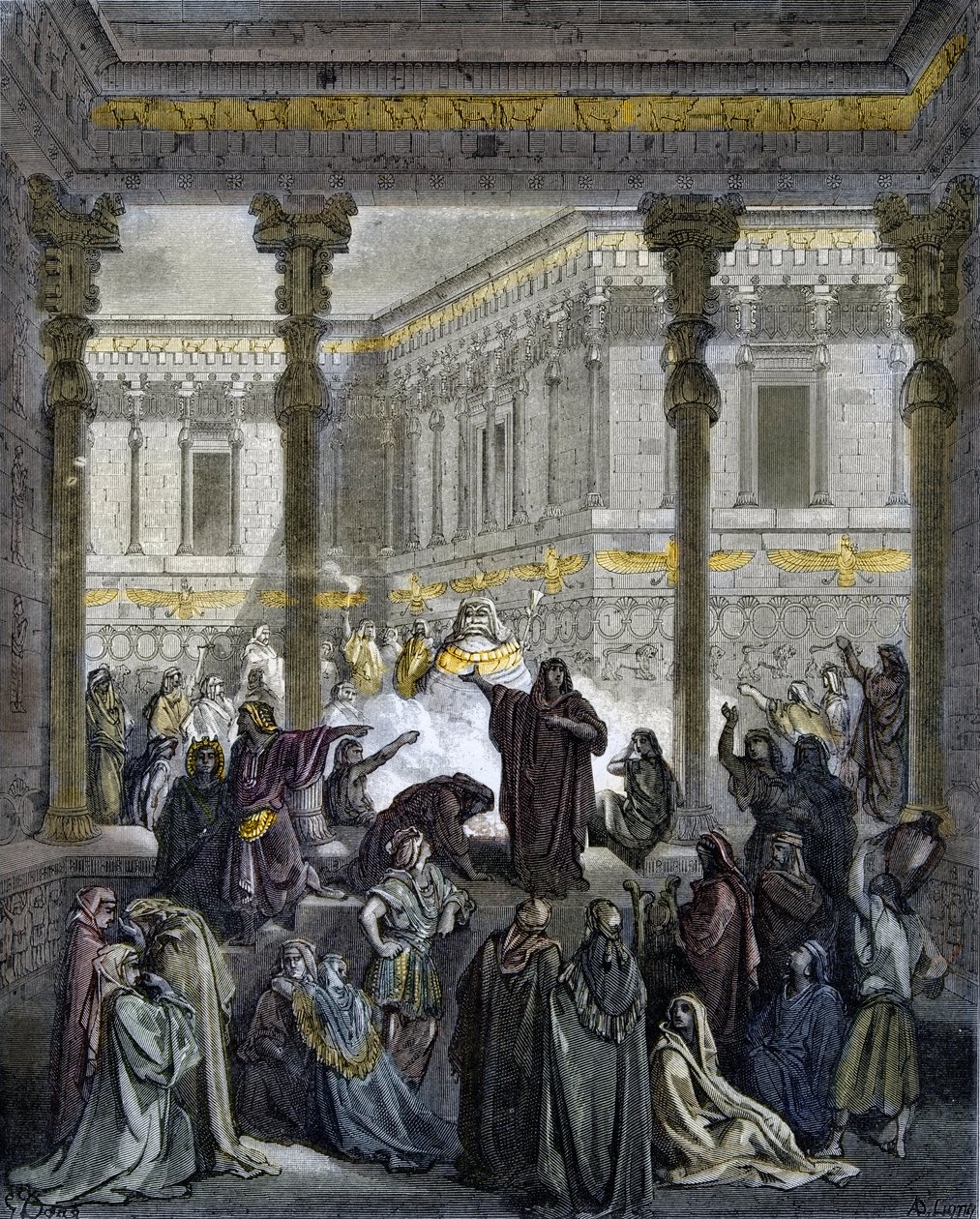 Daniel forvirrer prestene i Baal - Daniel forvirrer prestene i Bel - - gravering i "" The Bible illustree"" av Gustave Dore (1832-1883) - Gravering fra "" The Dore Bible"" av Gustave Dore