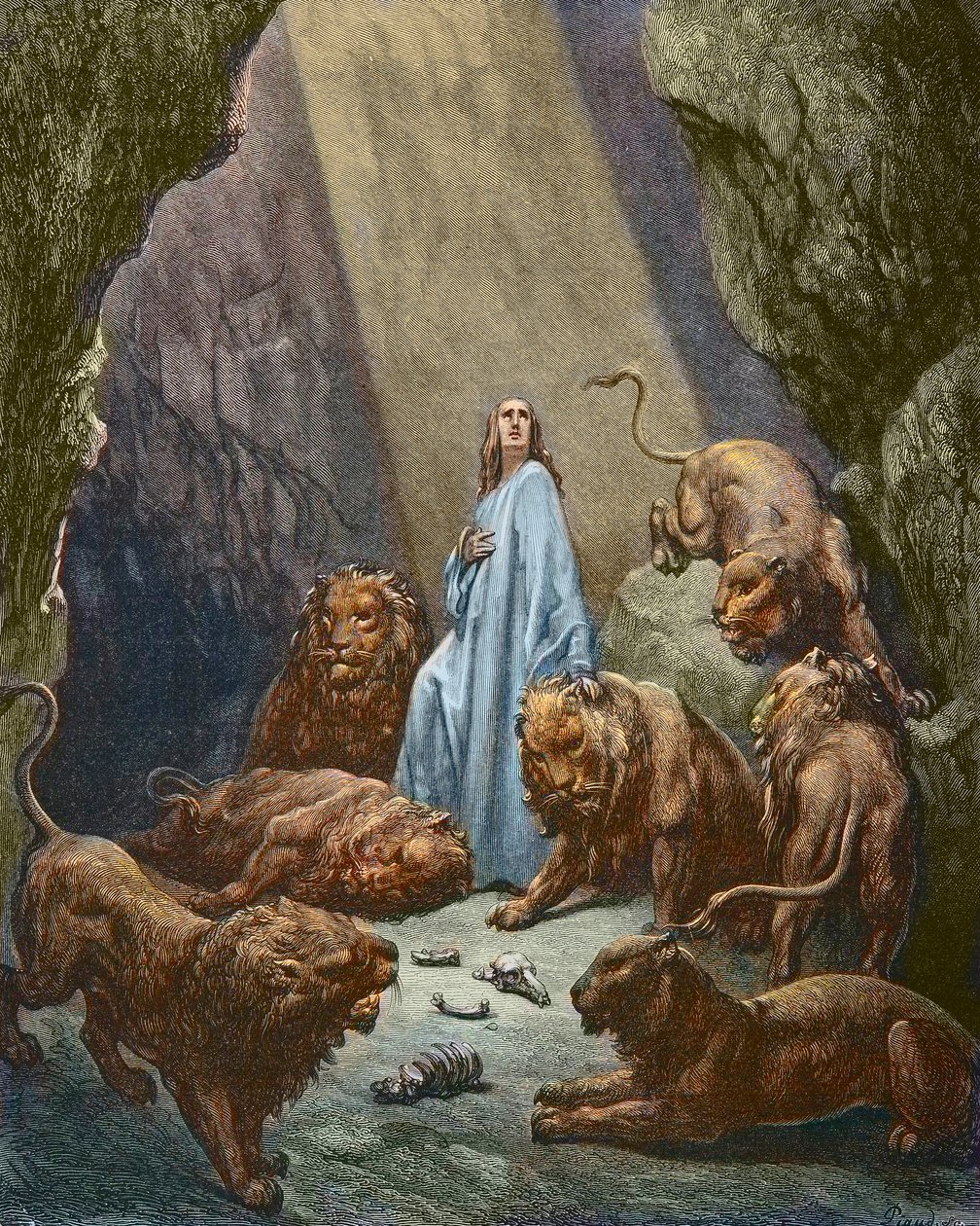 Daniel blir kastet inn i løvehulen - Daniel i løvehulen - gravering av Gustave Dore - senere fargelegging av Gustave Dore