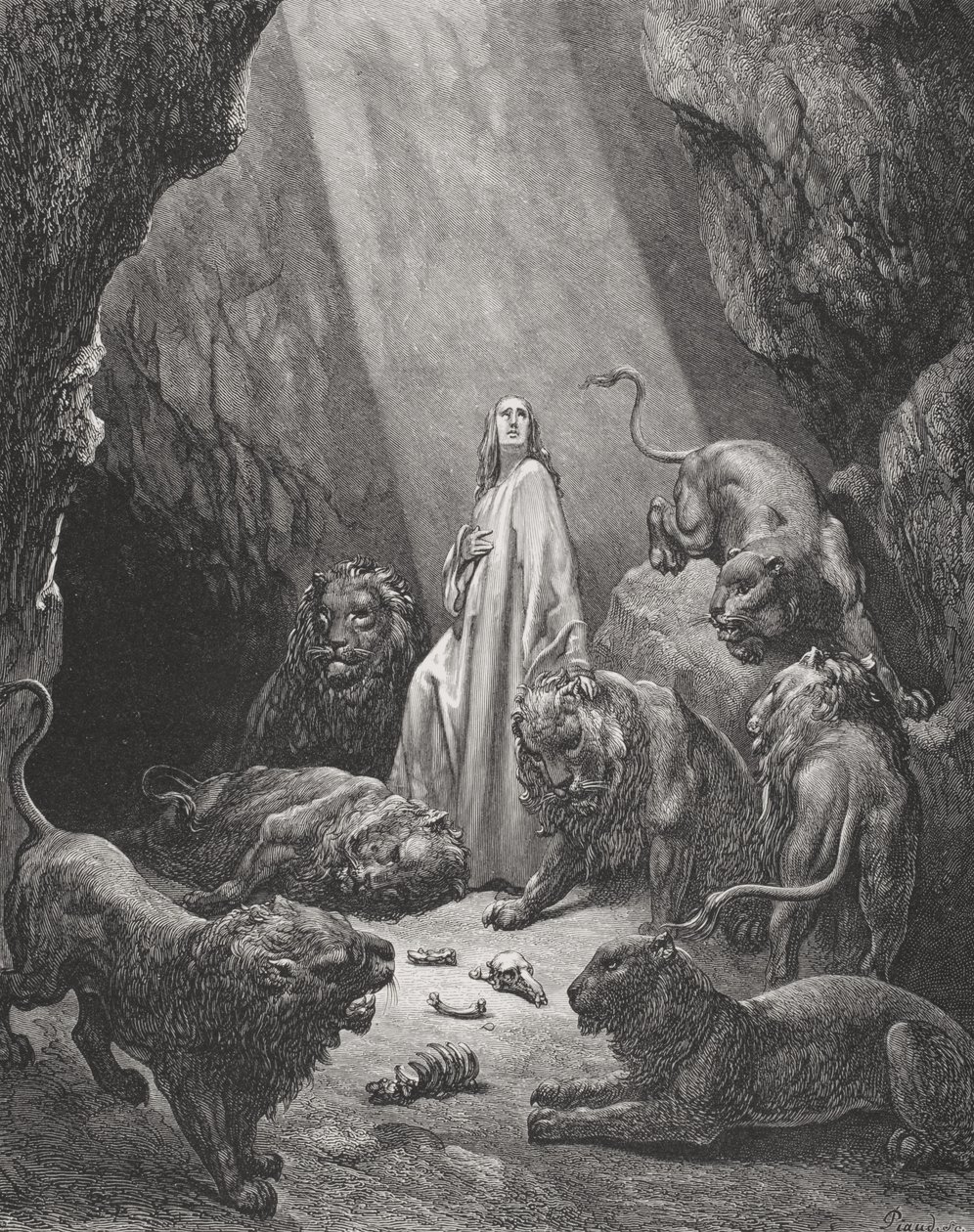 Daniel i løvene, Daniel 6:16-17, illustrasjon fra Dores 