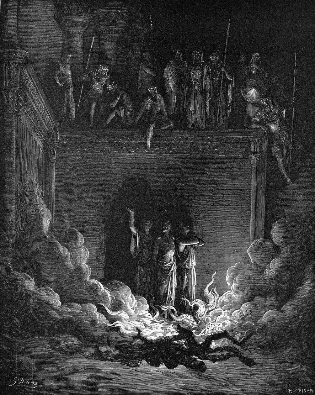 Daniels følgesvenner i den brennende ovnen av Gustave Dore