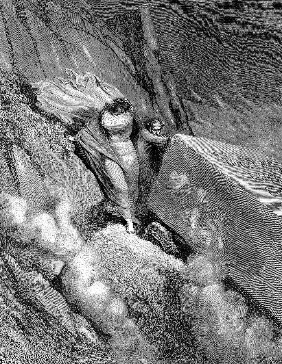 Dante og Virgil ved kanten av avgrunnen hvorfra en stinkende lukt dampet opp, 1863 av Gustave Dore