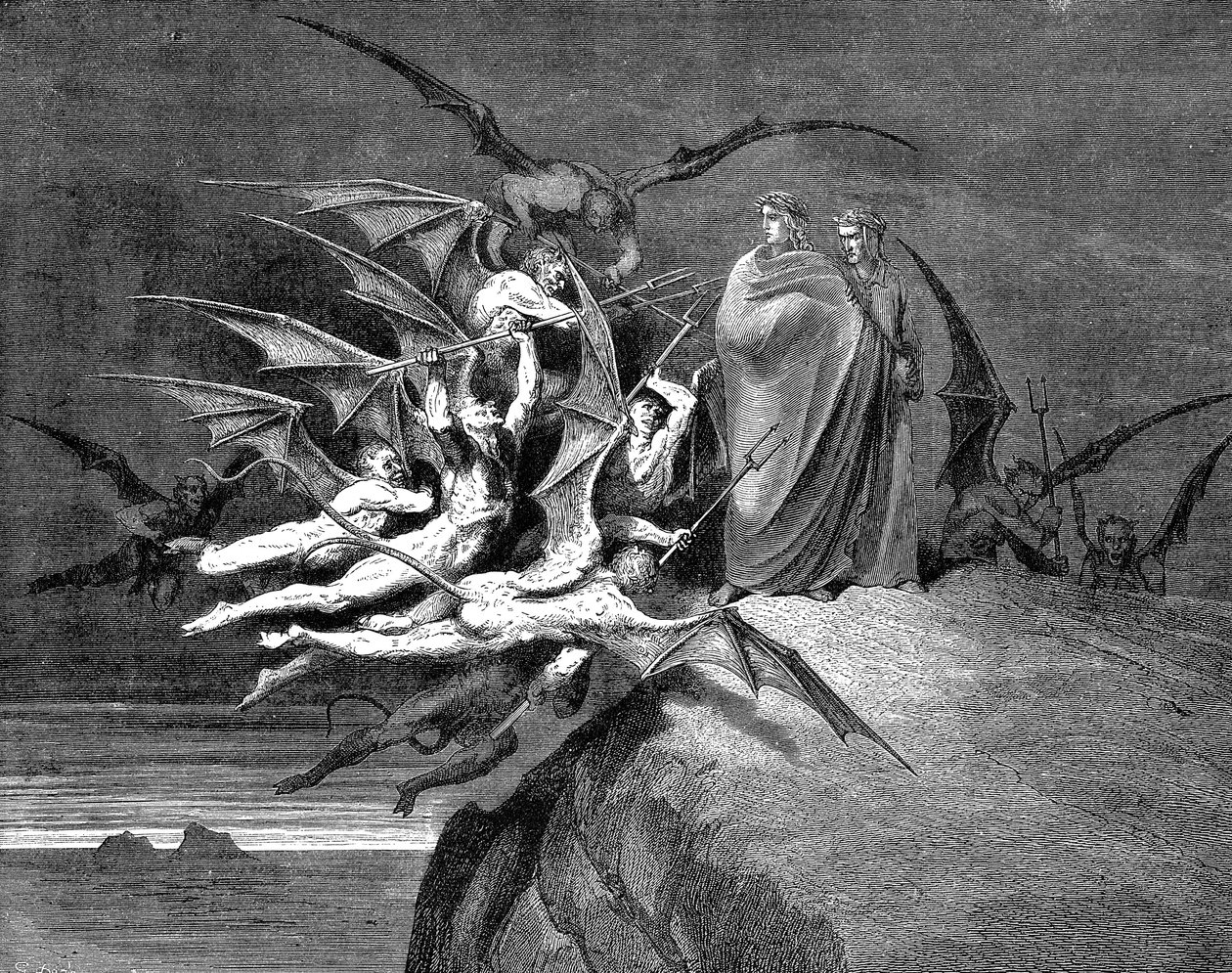 Dante og Virgil plaget av demoner på deres passasje gjennom den åttende sirkelen, 1861 av Gustave Dore