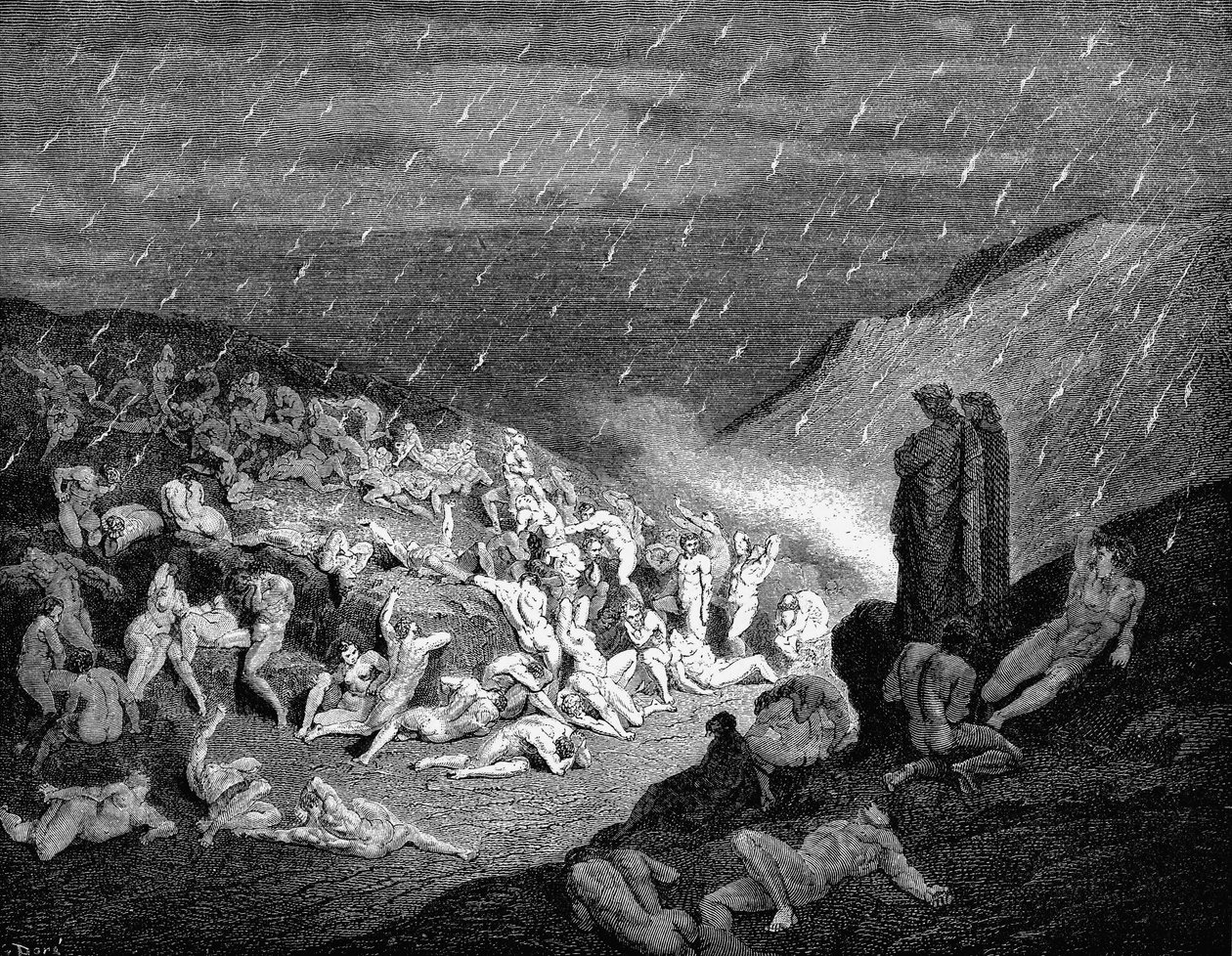 Dante og Virgil ser ned på sjeler i pine i infernoet, 1863 av Gustave Dore