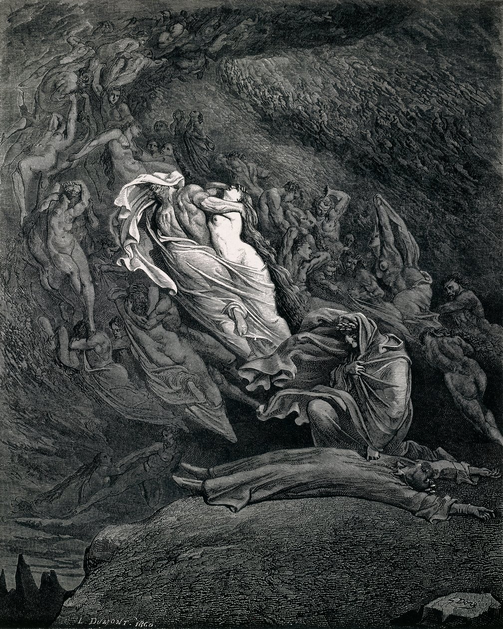 Dante og Virgil med Paolo og Francesca, Illustrasjon til Inferno, Canto V of Divine Comedy, av Dante Alighieri (1265-1321), av Gustave Dore (1832-1883) av Gustave Dore