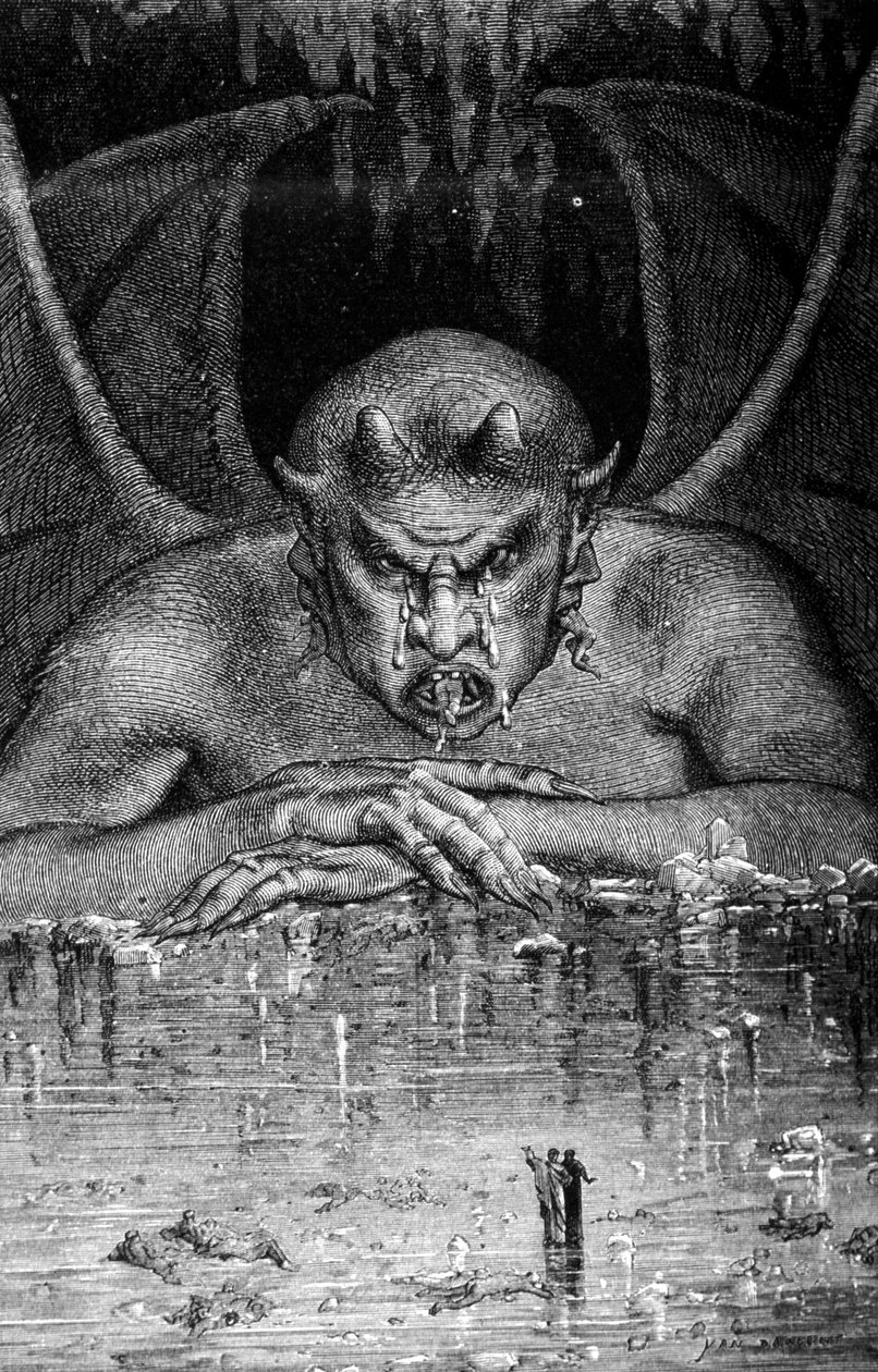 Dante et Virgil traverser les enfell i Den guddommelige komedie av Dante Alighieri (1265 - 1321): Satan sluker dansene. Gravering av Gustave Doré. 1800-tallet. av Gustave Dore