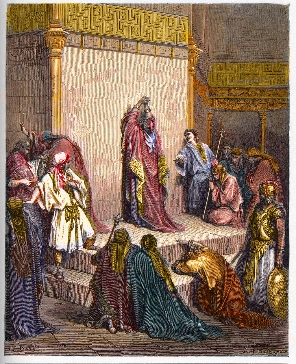 David, konge av Det forente kongeriket Israel som sørger over Absaloms død. Kong David utrøstelig over Absalons (Avshalom) død - gravering i "" The Bible illustree"" av Gustave Dore (1832-1883) - Gravering fra "" The Dore Bible"" av Gustave Dore