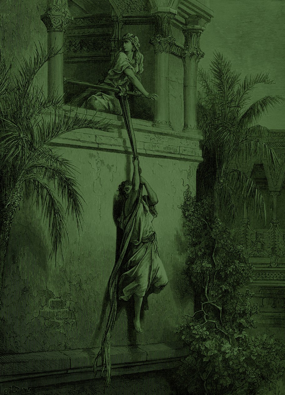 Davids flukt gjennom vinduet, av Doré. - Bibelen av Gustave Dore