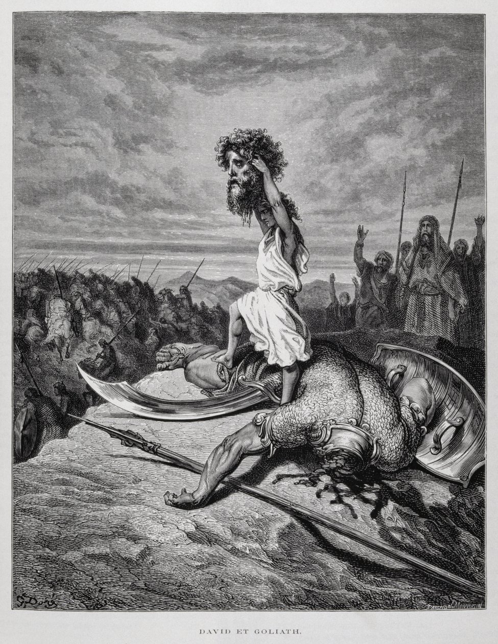 David dreper Goliat, illustrasjon fra Dore-bibelen av Gustave Dore