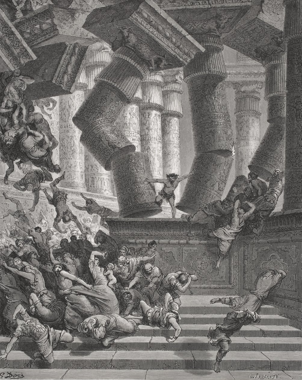 Death of Samson, Dommernes 26:28-30, illustrasjon fra Dores 