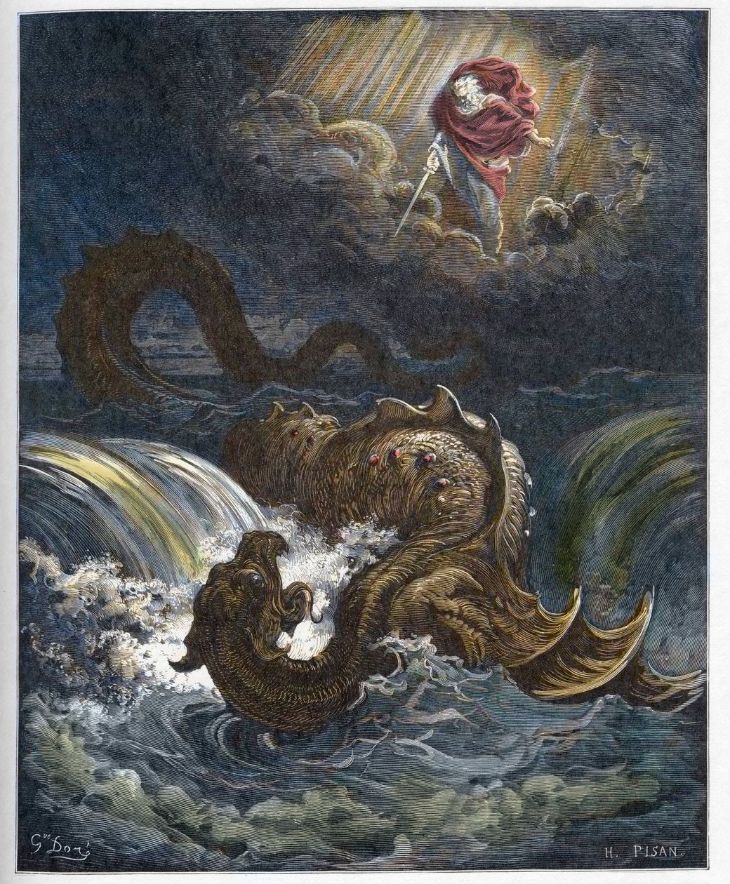 Ødeleggelse av Leviathan - Ødeleggelsen av Leviathan, det marine monsteret i Det gamle testamente - gravering i "" The Bible illustree"" av Gustave Dore (1832-1883) - Gravering fra "" The Dore Bible"" av Gustave Dore