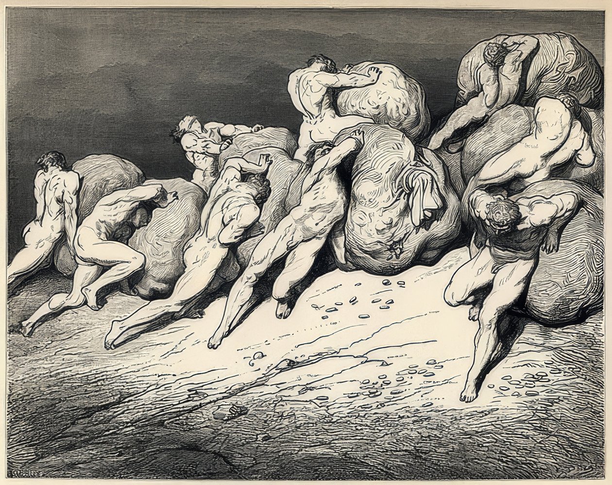 Sjelene til de sløseri og gjerrige. Illustrasjon til Dante Alighieris guddommelige komedie. Rundt 1857 av Gustave Dore
