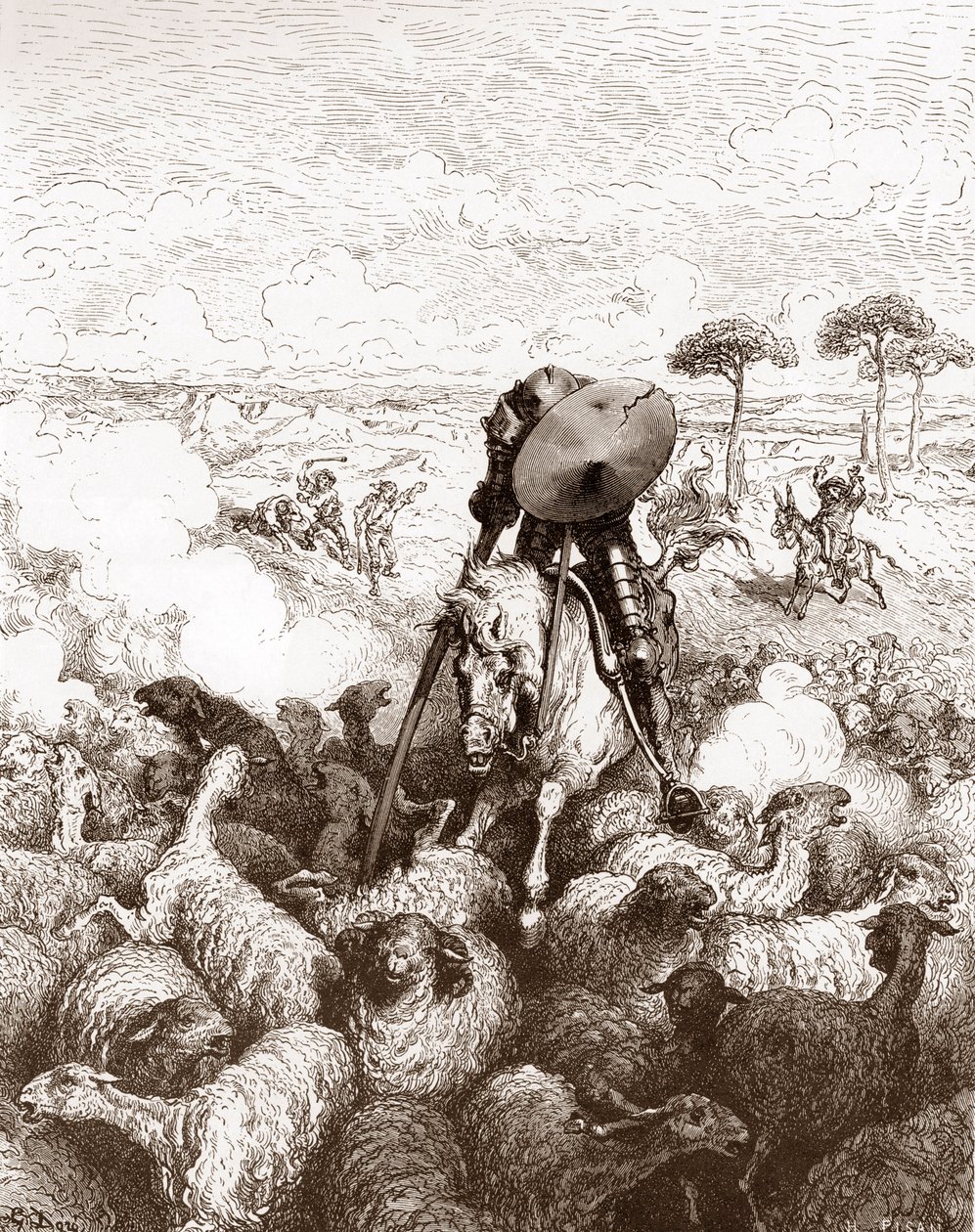 Don Quixot angriper saueflokken Gravering av Gustave Dore (1832-1883) for "The Ingenieux Hidalgo Don Quixote de la Mancha (Quixotte - Quixote)" av Miguel de Cervantes (1547-1616) 1863 Privat samling av Gustave Dore