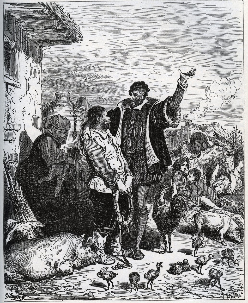Don Quijote overtaler sin nabo Sancho Panza til å være hans ecuyer - fra «Don Quixote de la Mancha»» av Miguel Cervantes av Gustave Dore