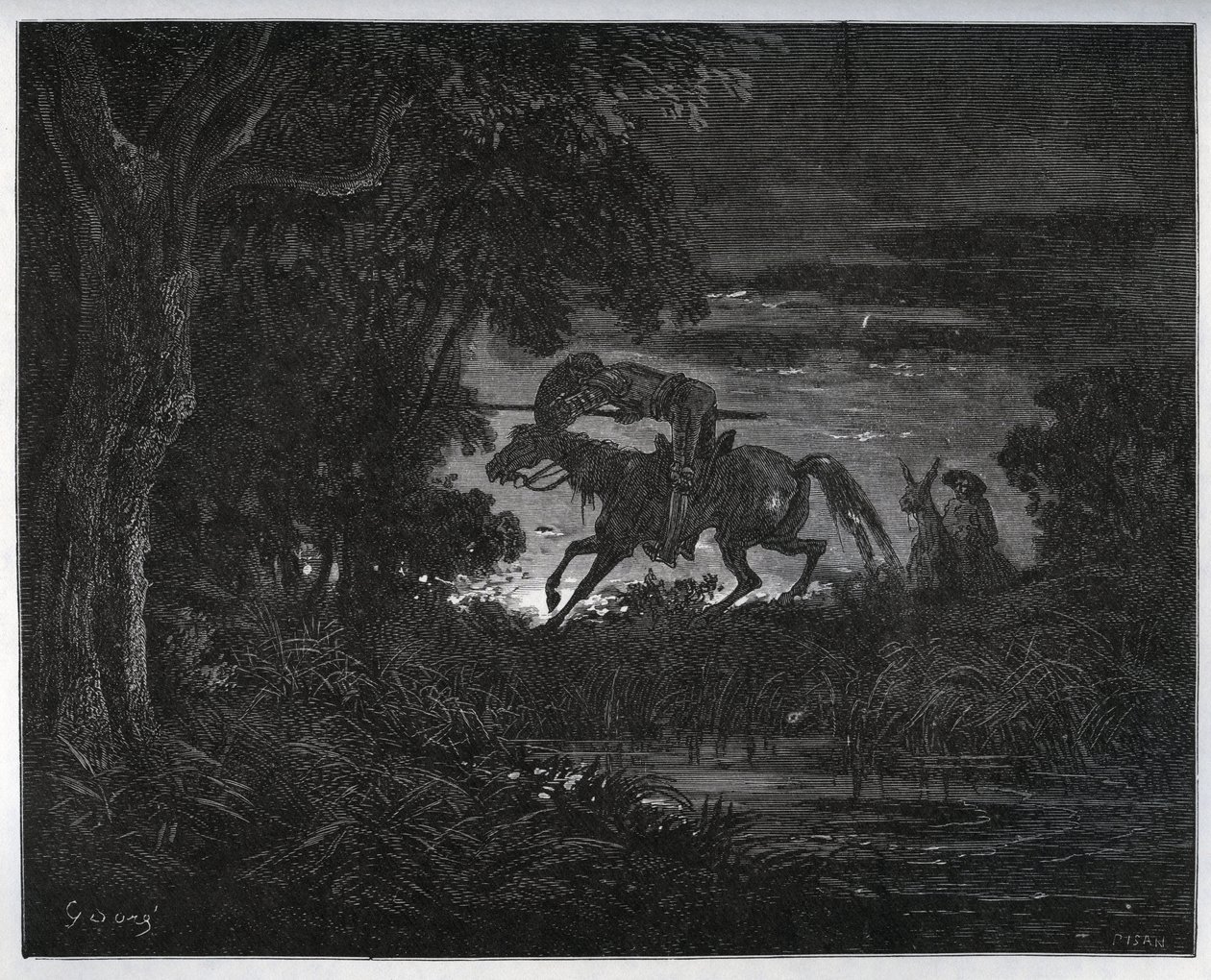 Don Quixote og Sancho Panza i begynnelsen av eventyret i en tykk og ukjent skog - fra "Don Quixote de la Mancha" av Miguel Cervantes (1547-1616) (Don Quixote) - Tresnitt etter tegning av Gustave Dore av Gustave Dore
