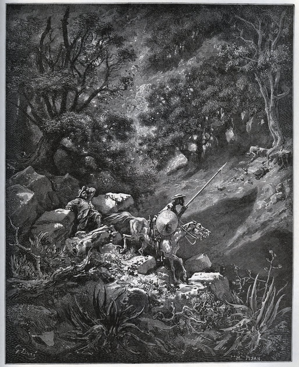 Don Quixote og Sancho Panza fortsetter sin reise i Sierra Morena på jakt etter Deguenille-de-la-Malaise-gruven - fra "Don Quixote de la Mancha" av Miguel Cervantes (1547-1616) (Don Quixote) - Tresnitt etter tegning av Gustave Dore av Gustave Dore