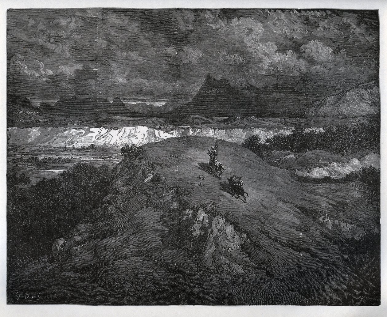 Don Quixote og Sancho Panza fortsetter sine eventyr i en fjellregion, Sierra Morena - fra "Don Quixote de la Mancha" av Miguel Cervantes (1547-1616) (Don Quixote) - Tresnitt etter tegning av Gustave Dore av Gustave Dore