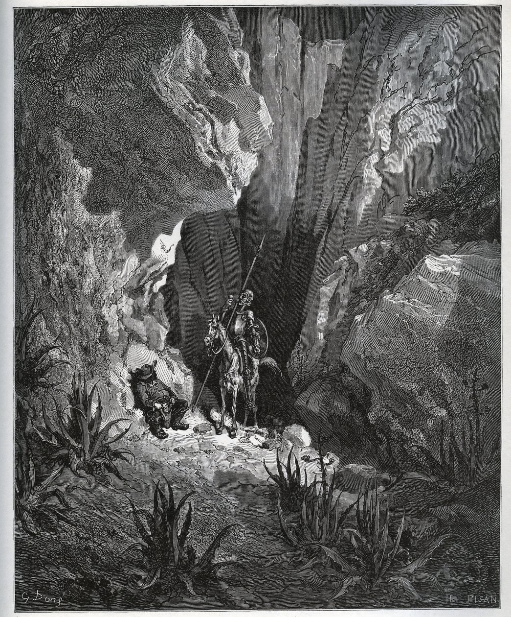Don Quixote og Sancho Panza finner tingene til en reisende - fra "Don Quixote de la Mancha"" av Miguel Cervantes (1547-1616) (Don Quixote) - Tresnitt etter tegning av Gustave Dore av Gustave Dore