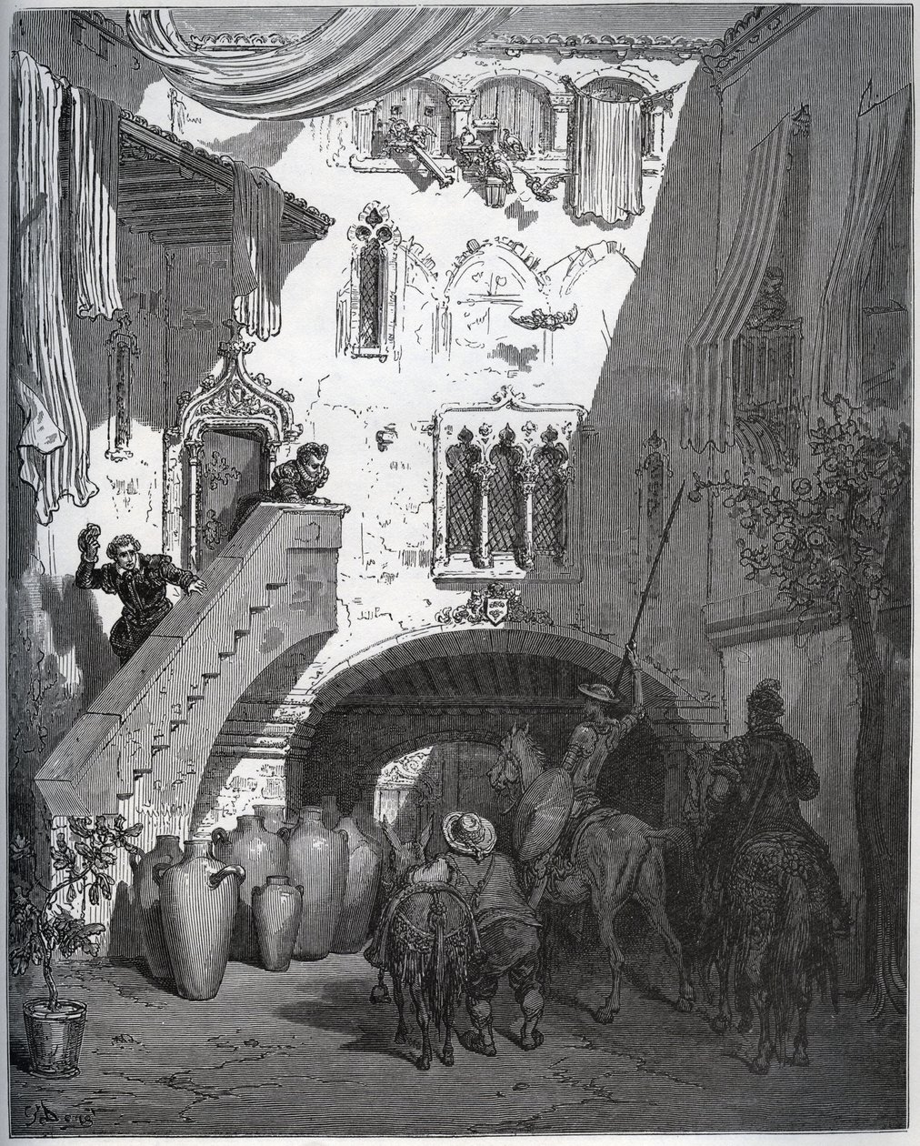 Don Quixote og Sancho Panza, invitert av Don Diego de Miranda hjemme, blir ønsket velkommen av herrens kone og sønn - fra "Don Quixote de la Mancha" av Miguel Cervantes (1547-1616) (Don Quixote) - Tresnitt etter tegning av Gustave Dore av Gustave Dore