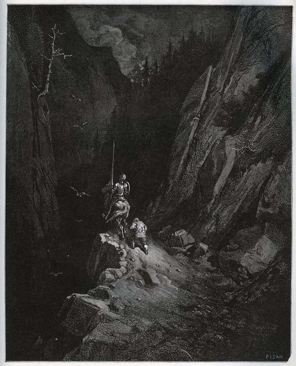 Don Quixote og Sancho Panza synker ned i Sierra Morena - fra "Don Quixote de la Mancha" av Miguel Cervantes (1547-1616) (Don Quixote) - Tresnitt etter tegning av Gustave Dore av Gustave Dore