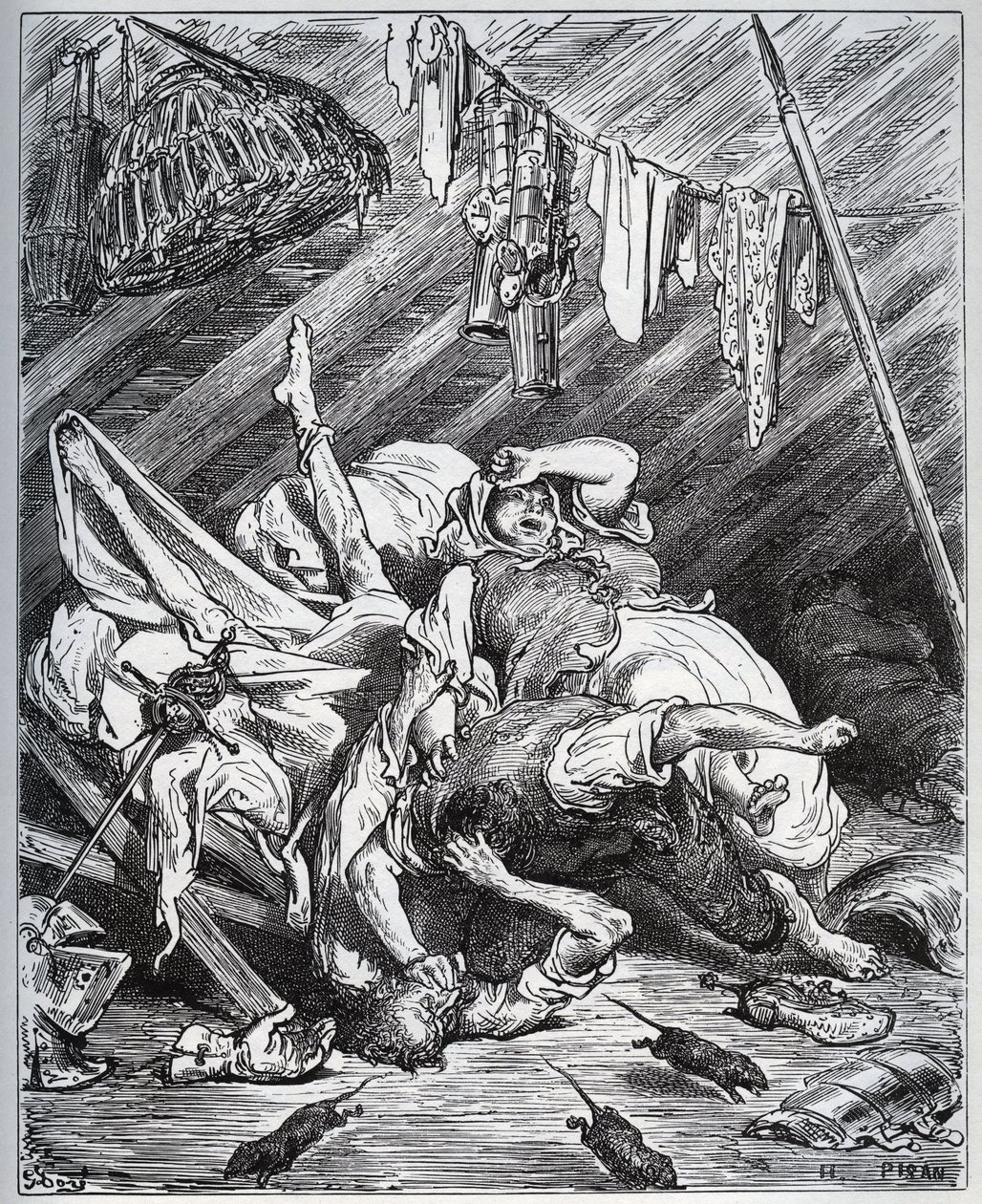 Don Quijote og en muldyrmaker kjemper for Maritornes, husholdersken, som Don Quijote tar for sin Dulcinee - fra "Don Quixote de la Mancha" av Miguel Cervantes (1547-1616) (Don Quixote) - Tresnitt etter tegning av Gustave Dore av Gustave Dore
