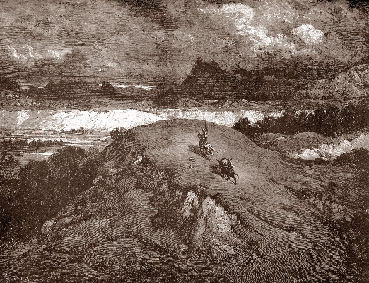 Don Quixote og sancho Panza nærmer sierra morena Gravering av Gustave Dore (1832-1883) for "L'Ingenieux Hidalgo Don Quixote de la Manche (Quixotte - Quixote)" av Miguel de Cervantes (1547-1616) 1863 Privat samling av Gustave Dore