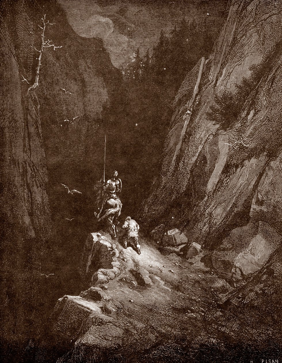 Don Quijote og Sancho Panza i hjertet av Sierra Morena Gravering av Gustave Dore (1832-1883) for "The Genious Noble Don Quijote of the Manche (Quixote - Quixote)" av Miguel de Cervantes (1547-1616) 1863 Privat samling av Gustave Dore