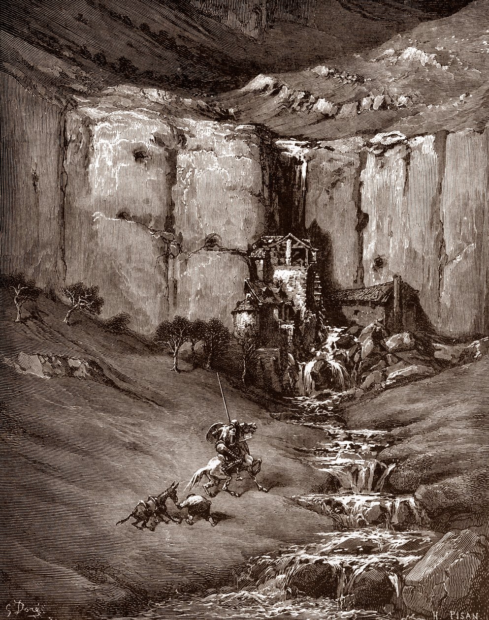 Don Quixote og sancho Panza ser en foss og støyende hover (Don Quixote og sancho Panza ser en foss og støyende hover) Gravering av Gustave Dore (1832-1883) for "The Ingenieux Hidalgo Don Quixote de la Mancha (Quixotte - Quijote)" av Miguel de Cer av Gustave Dore