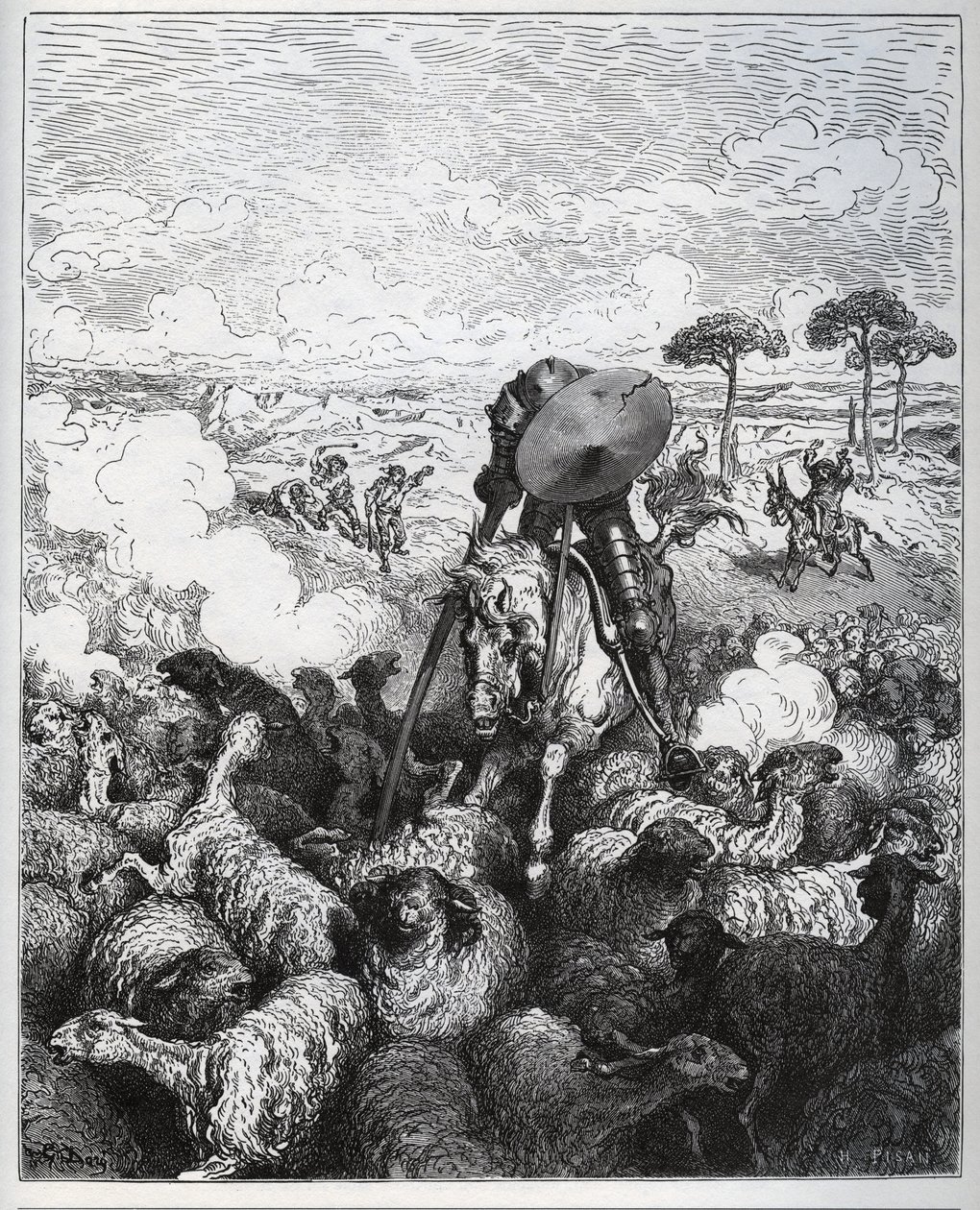 Don Quixote attacks a herd of sheep, believing he was dealing with the army of Alibanfaron of Taprobana - from “Don Quixote de la Mancha” by Miguel Cervantes (1547-1616) (Don Quixote) - Woodcut after drawing by Gustave Dore av Gustave Dore