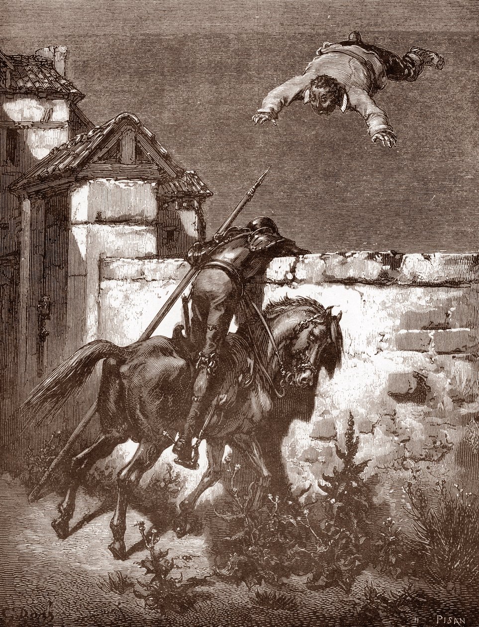 Don Quixote klarer ikke å stoppe oppskytningene til Sancho Panca som får ham til å sprette på et teppe (Don Quixotes remonstrasjoner klarer ikke å påvirke kasterne) Gravering av Gustave Dore (1832-1883) for "L'Ingenieux Hidalgo Don Quixote de la M av Gustave Dore