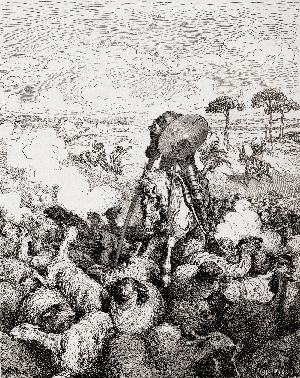 Don Quixote kjemper mot saueflokken, fra Die Gartenlaube, pub. 1905 av Gustave Dore
