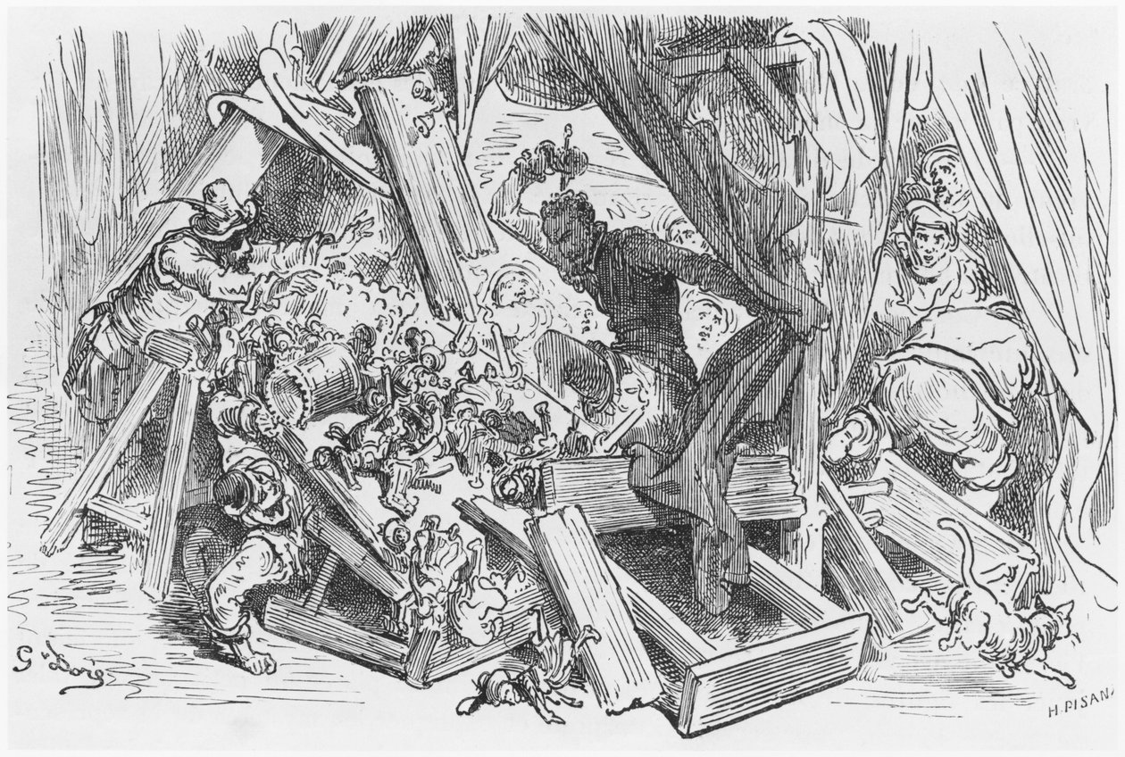Don Quixote som kjemper mot dukkene, illustrasjon fra 