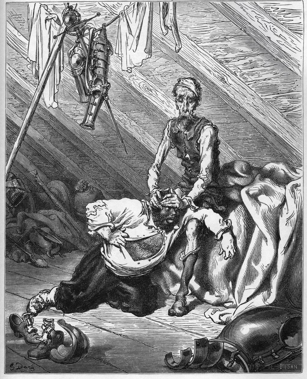 Don Quixote får Sancho Panza til å smake på hans dyrebare sansebalsam helbrede dem begge av alle sykdommer - fra "Don Quixote de la Mancha" av Miguel Cervantes av Gustave Dore