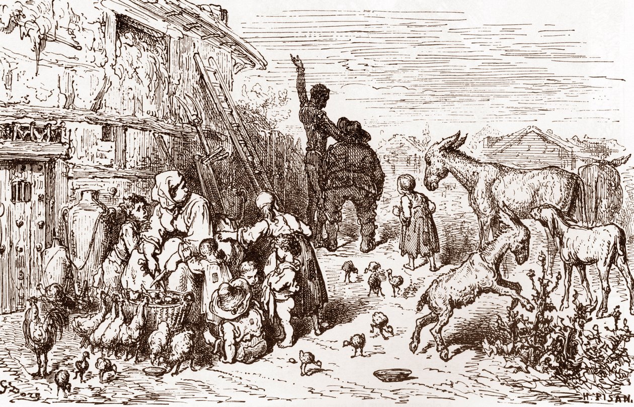 Don Quijote overtaler naboen Sancho Panza til å bli hans godseier Gravering av Gustave Dore (1832-1883) for "L'Ingenieux Hidalgo Don Quixote de la Manche (Quixotte - Quijote)" av Miguel de Cervantes (1547-1616) 1863 Privat samling av Gustave Dore