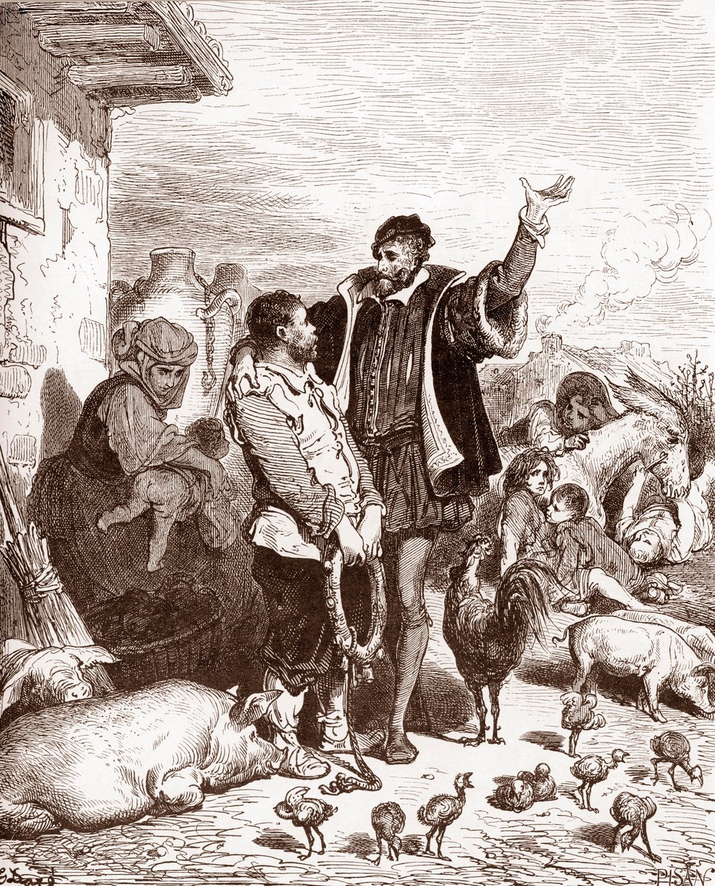 Don Quijote overtaler naboen Sancho Panza til å bli hans godseier ved å love å gjøre ham til guvernør på en erobret øy Gravering av Gustave Dore (1832-1883) for «L'Ingenieux Hidalgo Don Quixote de la Mancha (Quixotte - Quixotte))» av Miguel de Ce av Gustave Dore