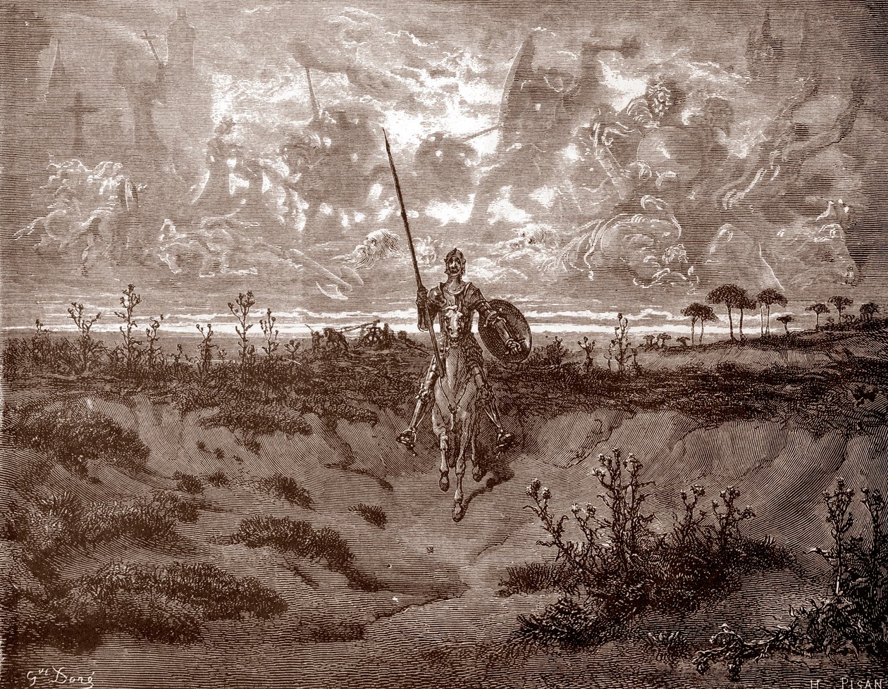 Don Quixote legger ut på eventyrene sine Gravering av Gustave Dore (1832-1883) for «L'Ingenieux Hidalgo Don Quixotte de la Manche (Quixotte - Quijote)» av Miguel de Cervantes (1547-1616) 1863 Privat samling av Gustave Dore