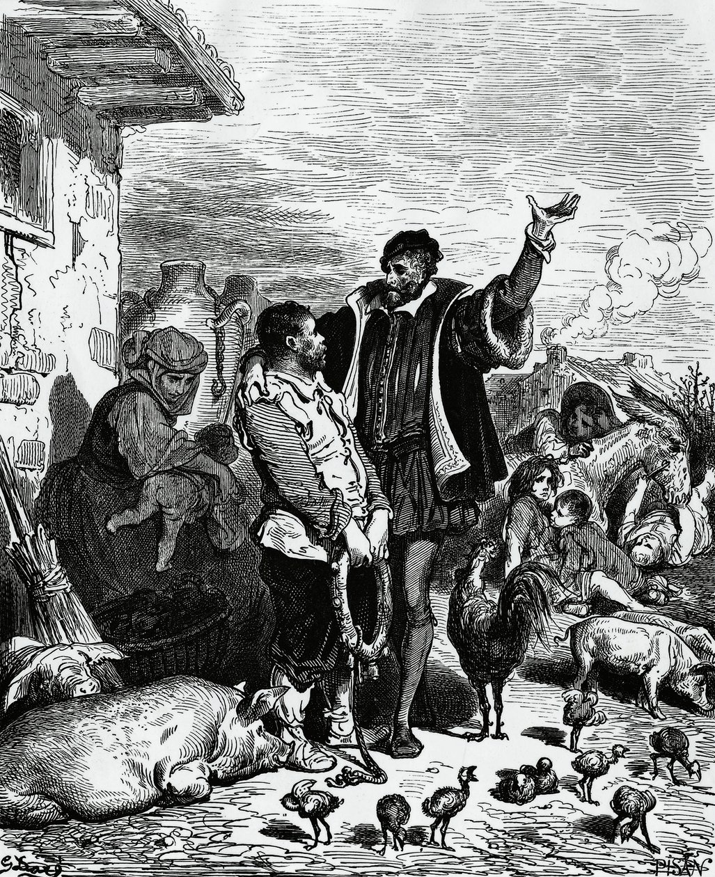 Don Quijote tok Sancho Panza fra hjemmet sitt og uttalte ham til guvernør, illustrasjon av Gustave Dore