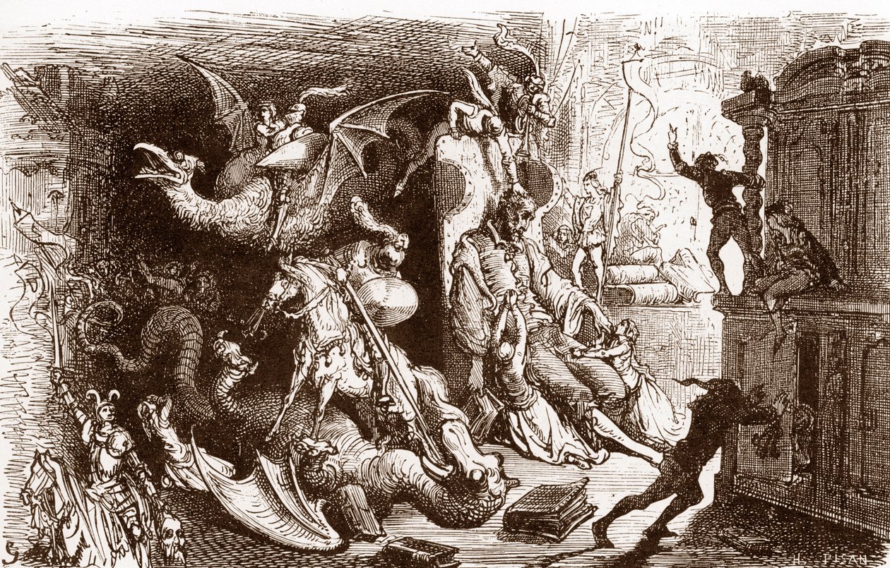 Don Quijote tenker på ingenting annet enn riddergjerninger Gravering av Gustave Dore (1832-1883) for "L'Ingenieux Hidalgo Don Quixote de la Manche (Quixote - Quijote)" av Miguel de Cervantes (1547-1616) 1863 Privat samling av Gustave Dore