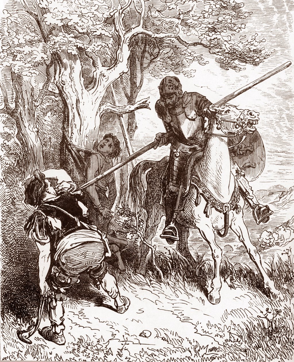 Don Quijote truer bonden som fraktet gjetergutten Gravering av Gustave Dore (1832-1883) for "L'Ingenieux Hidalgo Don Quixote de la Manche (Quixotte - Quijote)" av Miguel de Cervantes (1547-1616) 1863 Privat samling av Gustave Dore