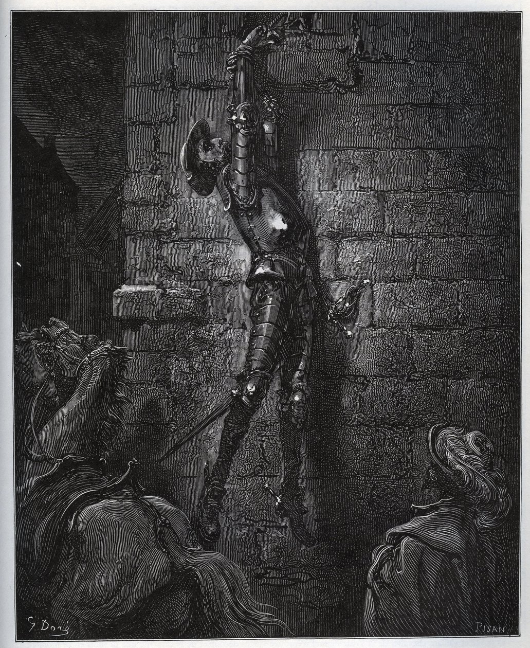 Don Quijote fanget av gjestgiverens datter og Maritornes, forblir hengt opp fra et vindu. - fra «Don Quixote de la Mancha» av Miguel Cervantes (1547-1616) (Don Quixote) - Tresnitt etter tegning av Gustave Dore av Gustave Dore