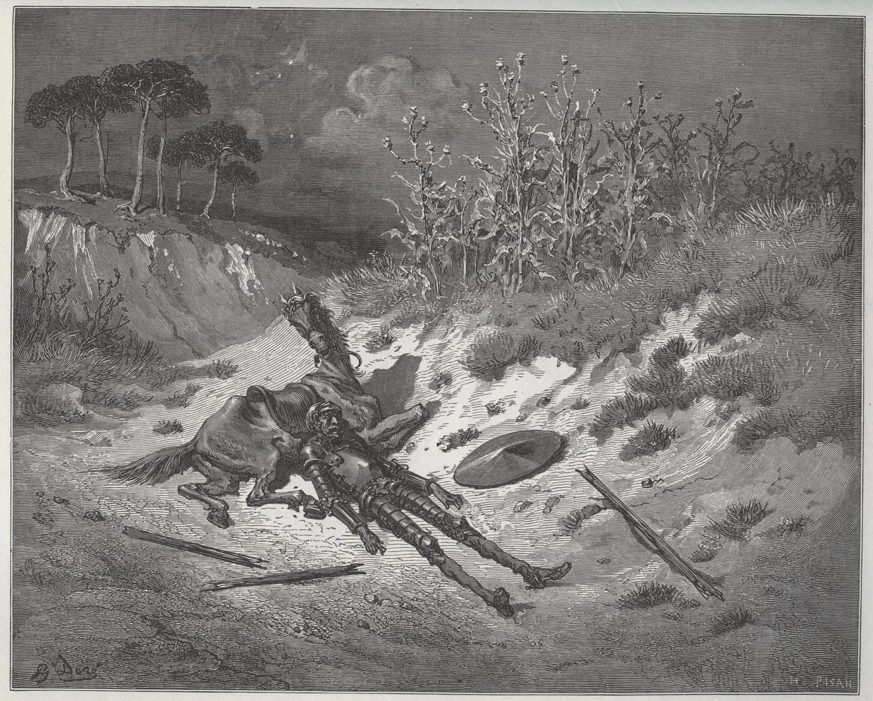Don Quixote wounds implore misericorde and help of the characters of his imagination - from “Don Quixote de la Mancha”” by Miguel Cervantes (1547-1616) (Don Quixote) - Woodcut after drawing by Gustave Dore av Gustave Dore