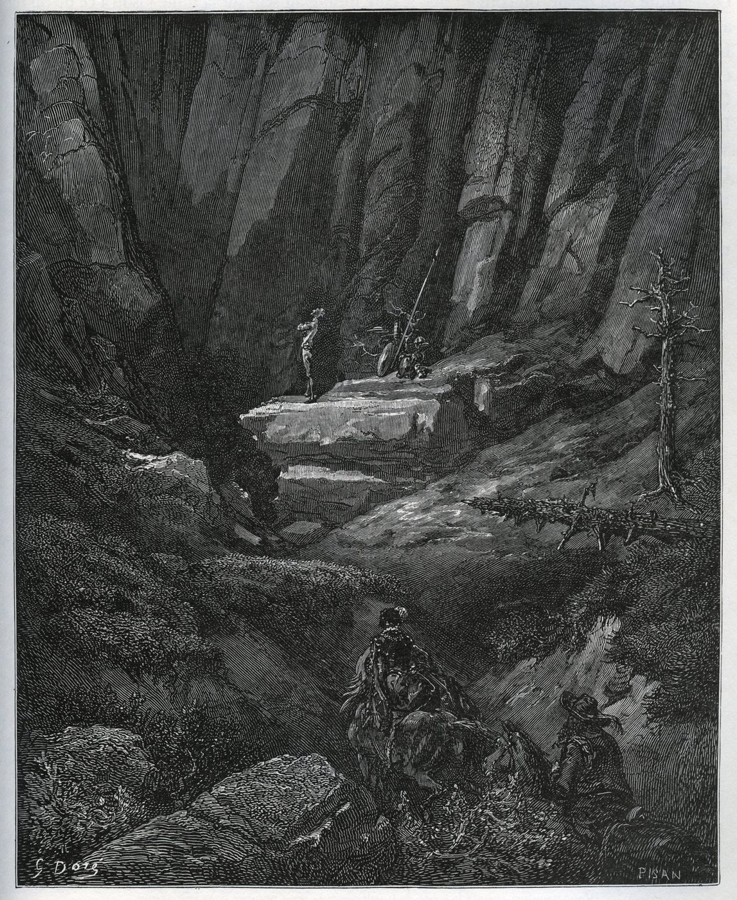 Dorothee og frisøren kommer for å hente Don Quijote da i bot - fra "Don Quixote de la Mancha"" av Miguel Cervantes (1547-1616) (Don Quixote) - Tresnitt etter tegning av Gustave Dore av Gustave Dore