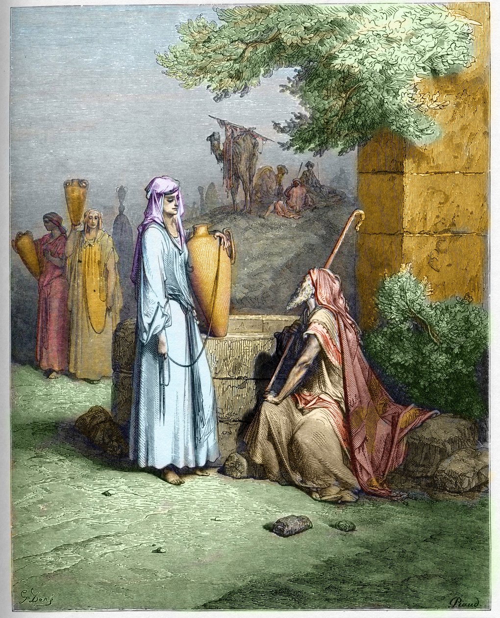Eliezer and Rebekah - Eliezer, the servant of Abraham, is offered a drink of water by Rebekah - Eliezer and Rebecca - engraving in “The Bible illustree” by Gustave Dore (1832-1883) - Engraving from “” The Dore Bible”” av Gustave Dore